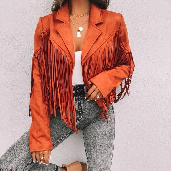 Orange Boho Tassel faux suede women fringe jacket long sleeve jacket - Picture 3 of 11
